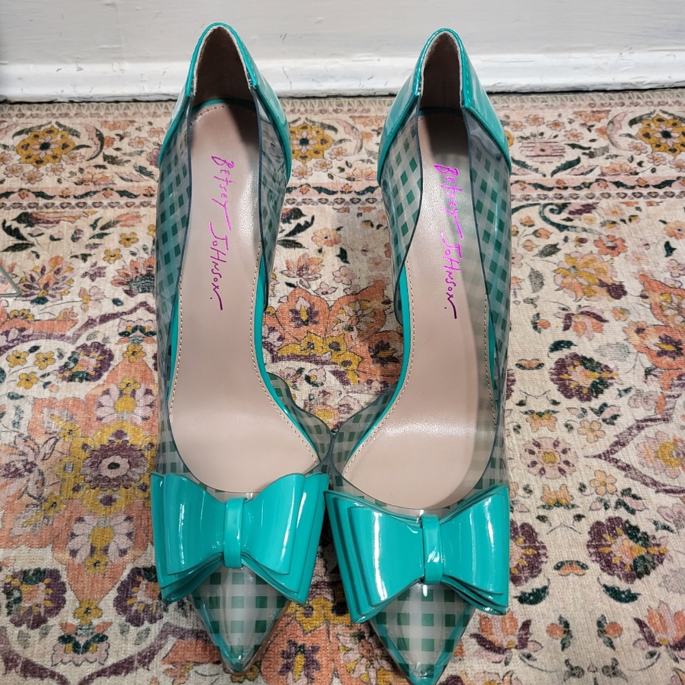 BETSEY JOHNSON NWOT Prince P. pumps Stiletto | Gingham Print | Teal | s…